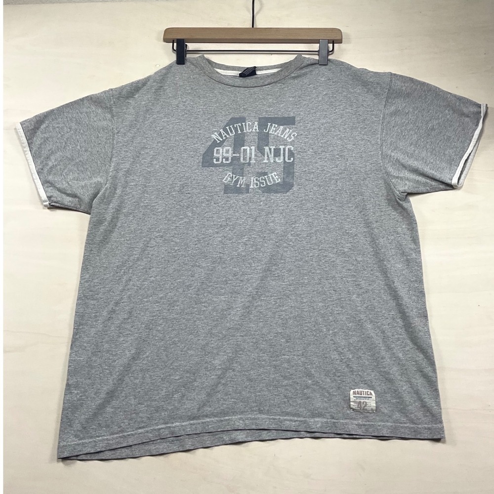 Vintage Nautica Jeans Co Mens Gray Gym Issue Graphic Ringer T-Shirt Large